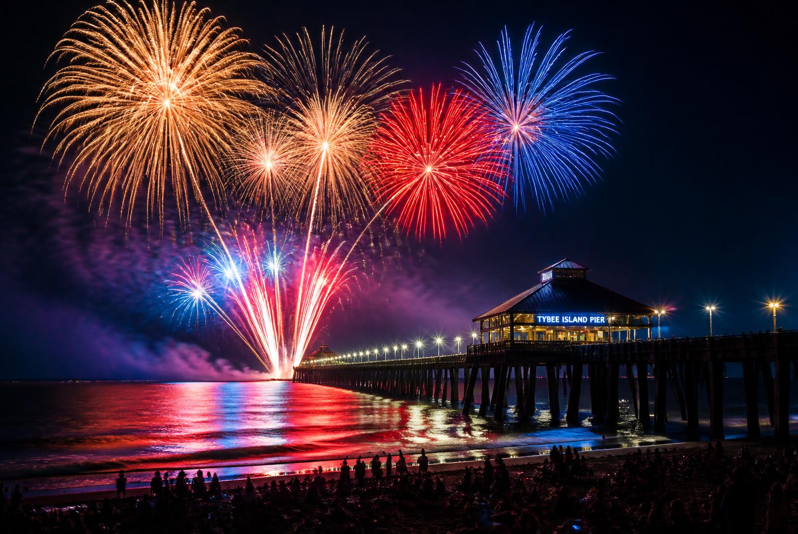 Fourth of July fireworks bursting over the Tybee Island pier and pavilion